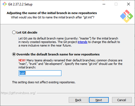 Git installer - Adjust name of initial branch
