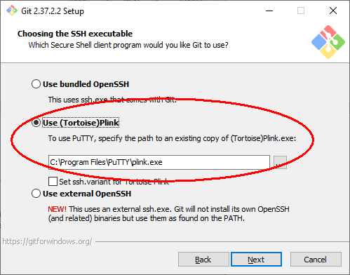Git installer - Choose SSH executable
