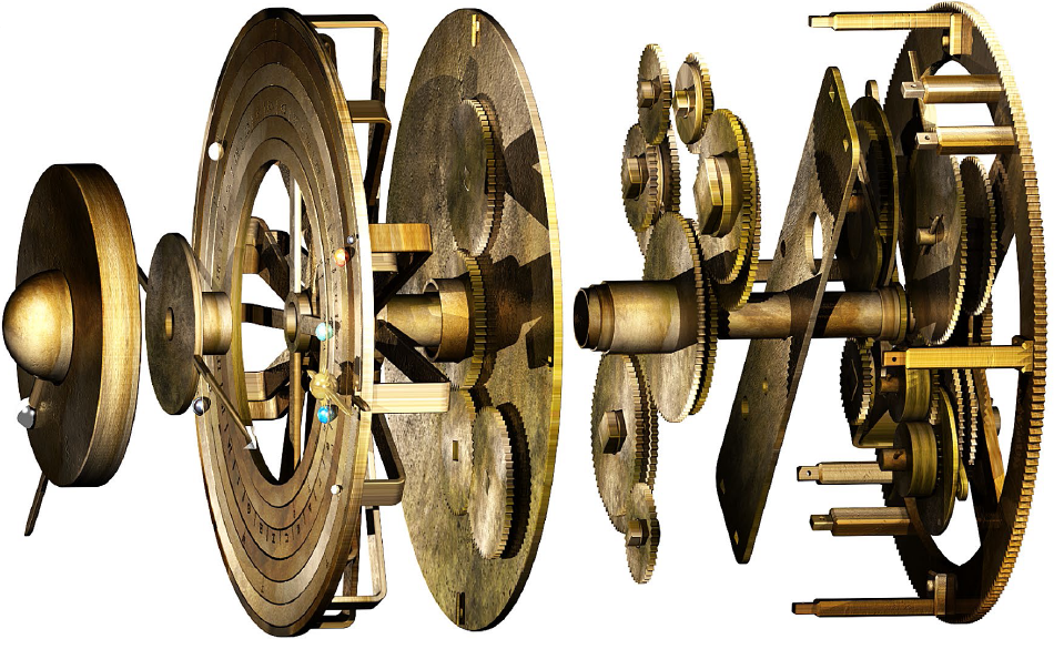 Exploded model of Cosmos gearing. From right to left: b1, mean Sun, Nodes, Mercury, Venus;true Sun and superior planets gearing; CP and shared gears; Ring Display; Dragon Hand; Moon position and phase mechanism